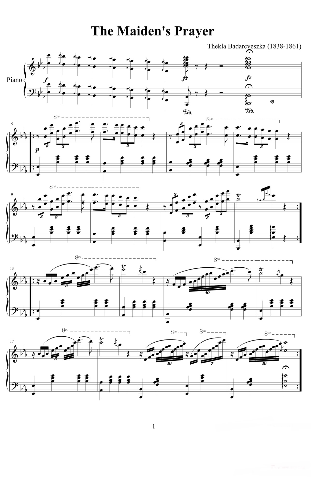 【少女的祈祷】的钢琴谱简谱 – 巴达尔切弗斯卡
