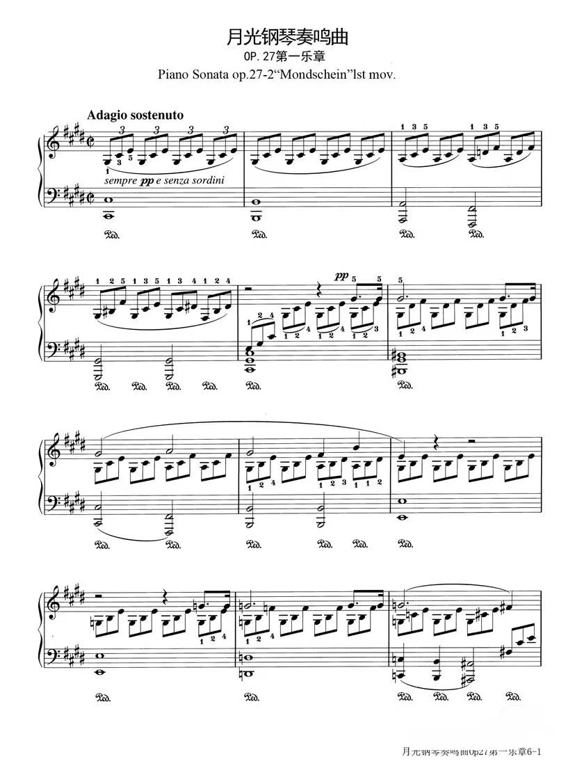 【月光奏鸣曲】的钢琴谱简谱 – 第一乐章